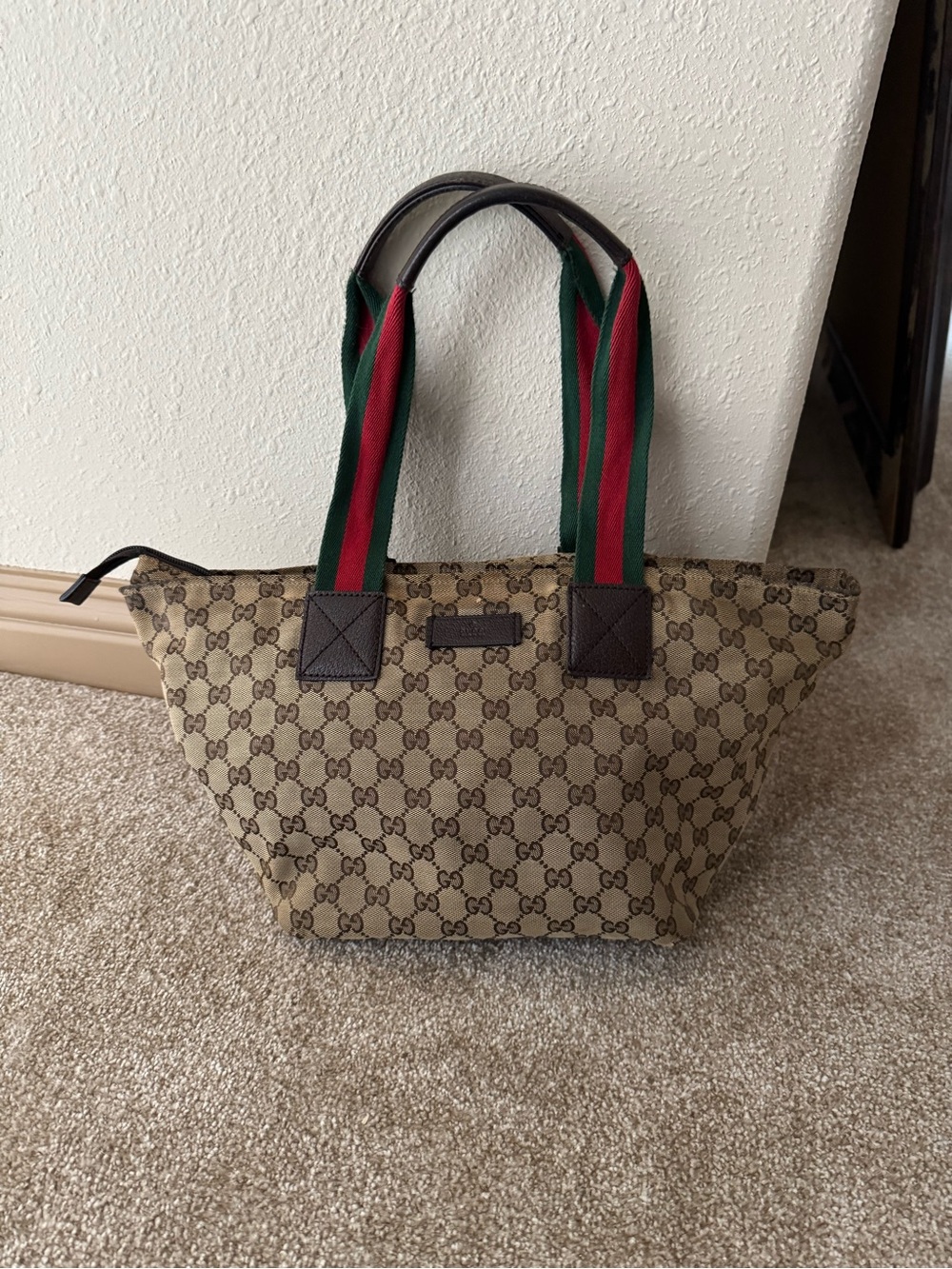 Gucci Beige GG Canvas Tote with Red & Green Striped Web & Leather Handles